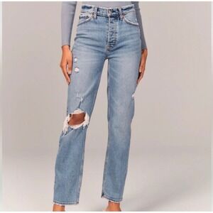 Abercrombie & Fitch The Dad High Rise Distressed Straight Leg Jeans Blue 29 8s